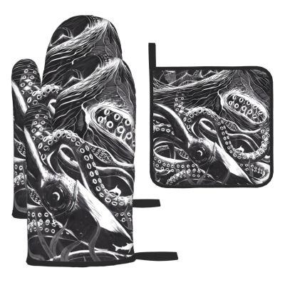 Ocean Scratchboard Art Oven Mitts and Pot Holders, Grill Gloves and Cooking Holders (3-Piece Set)