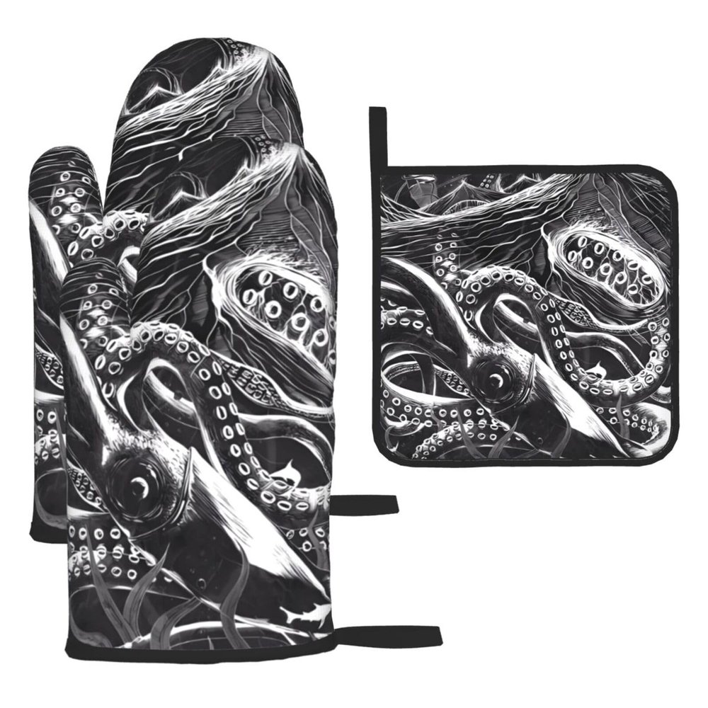 Ocean Scratchboard Art Oven Mitts and Pot Holders, Grill Gloves and Cooking Holders (3-Piece Set)