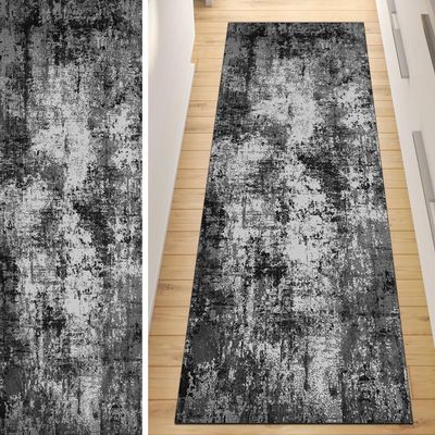 QQrunner Non-Slip Kitchen Runner Rug, 120 x 450 cm, Abstract, Washable, Black