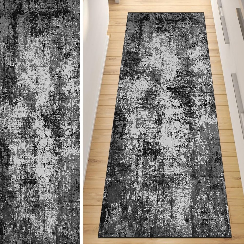 QQrunner Non-Slip Kitchen Runner Rug, 120 x 450 cm, Abstract, Washable, Black
