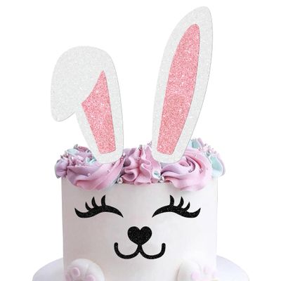 Bunny Ears Cake Toppers with Glitter, Eyelashes, Nose and Paw, Happy Easter Party Decor, Pink and White