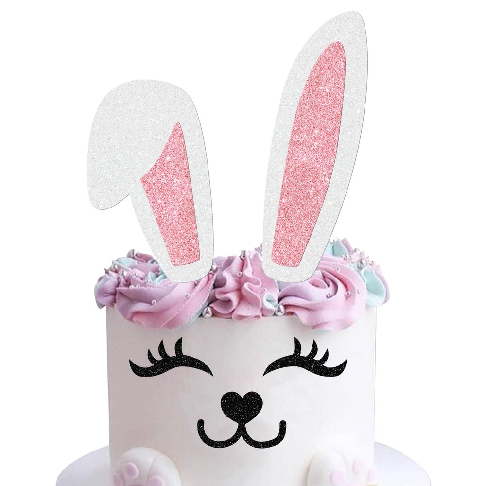 Bunny Ears Cake Toppers with Glitter, Eyelashes, Nose and Paw, Happy Easter Party Decor, Pink and White