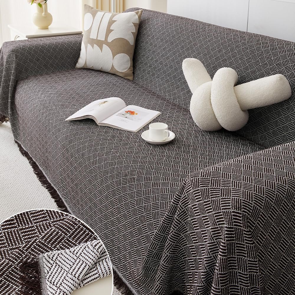 FANSU L-Shaped Sofa Cover, Reversible Twill Sofa Throw for 1/2/3/4-Seater Sofas, Brown/Black, Armchair 180 x 130 cm