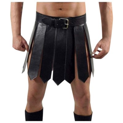 Beokeuioe Men's Medieval Gladiator PU Leather Skirt Costume with Waist Belt