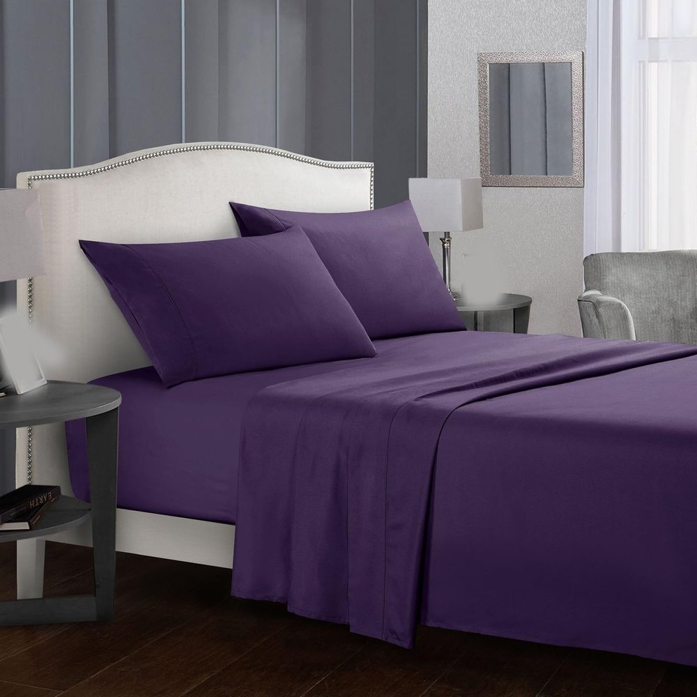 4-Piece Breathable Hotel-Luxury Fitted Sheet Set, Soft Wrinkle-Free Sheets, 16-Inch Deep Pockets, Blue-Purple, Queen