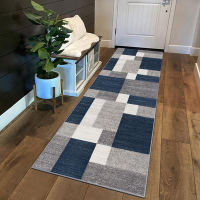 Siunwdiy Gray Blue Patchwork Runner Rug, Non-Slip, Washable, 110 x 460 cm