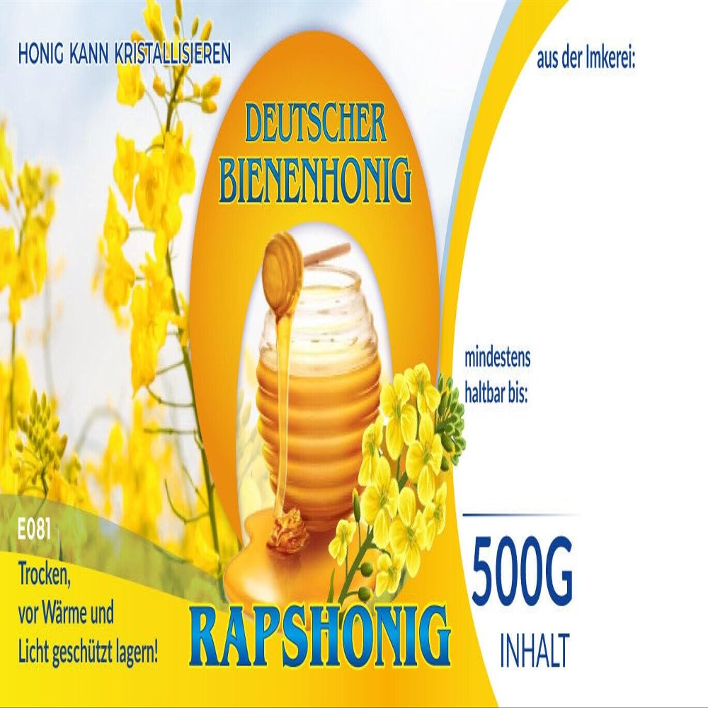 4Bee Colorful Labels for German Bee Honey, RAPSHONIG, 100 pcs / 1 pack, 116 x 50 mm