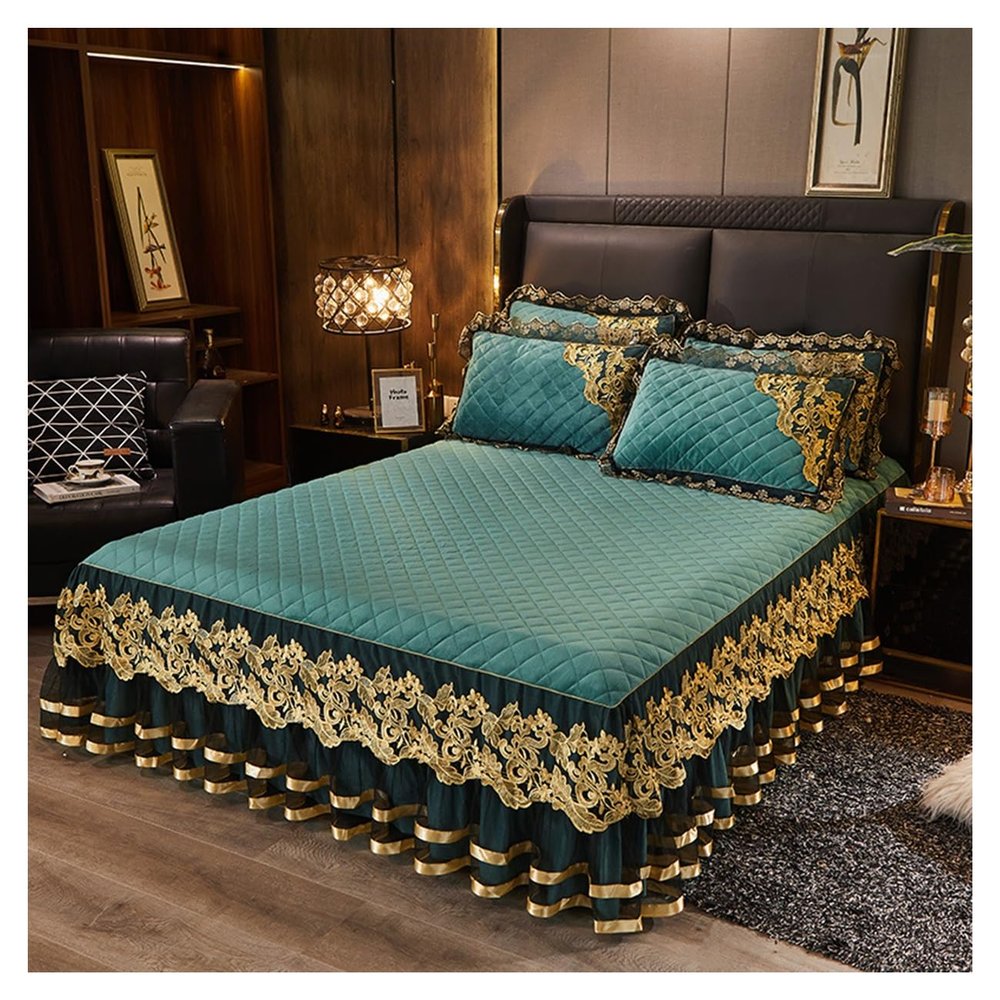 3-Piece Velvet Ruffled Bed Skirt Set, 180 x 220 cm, Color #16
