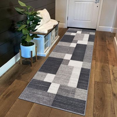 Siunwdiy Gray Washable Non-Slip Runner Rug, 110 x 380 cm, Modern Geometric Patchwork