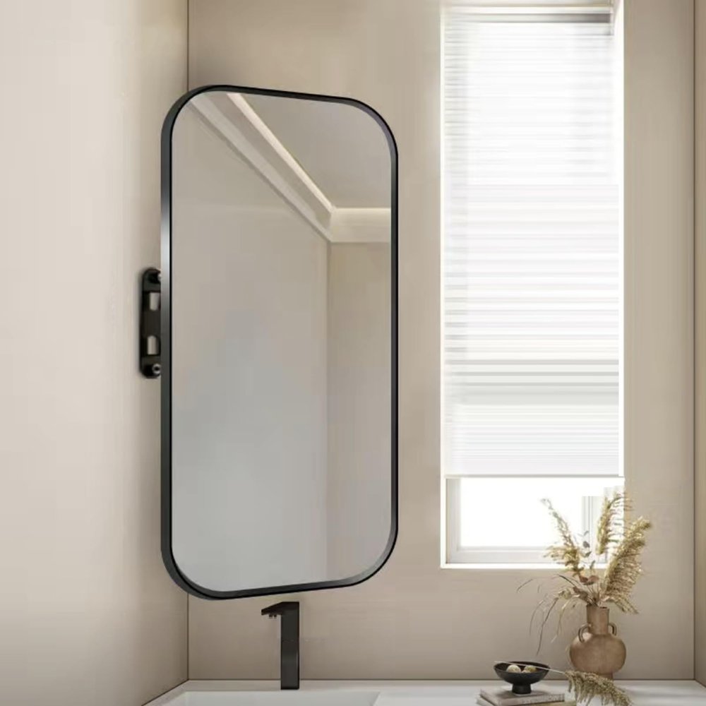 Corner Bathroom Mirror with Mount, 360° Rotating, Black, 40 x 80 cm