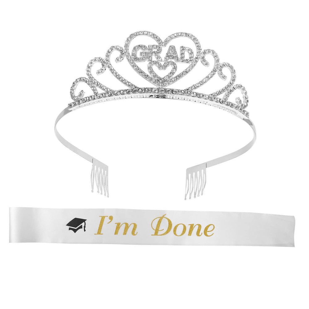 STOBAZA Graduation Tiara and Sash Set in White Satin with Crystal Crown for Graduation and Prom Parties