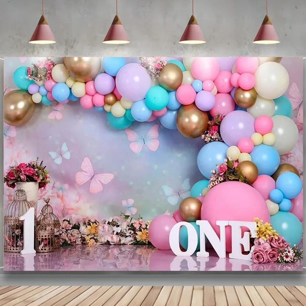 Rose Gold Girl's First Birthday Party Background, Wonderland Butterfly Princess Decorations Baby Shower Banner, 440 x 300 cm