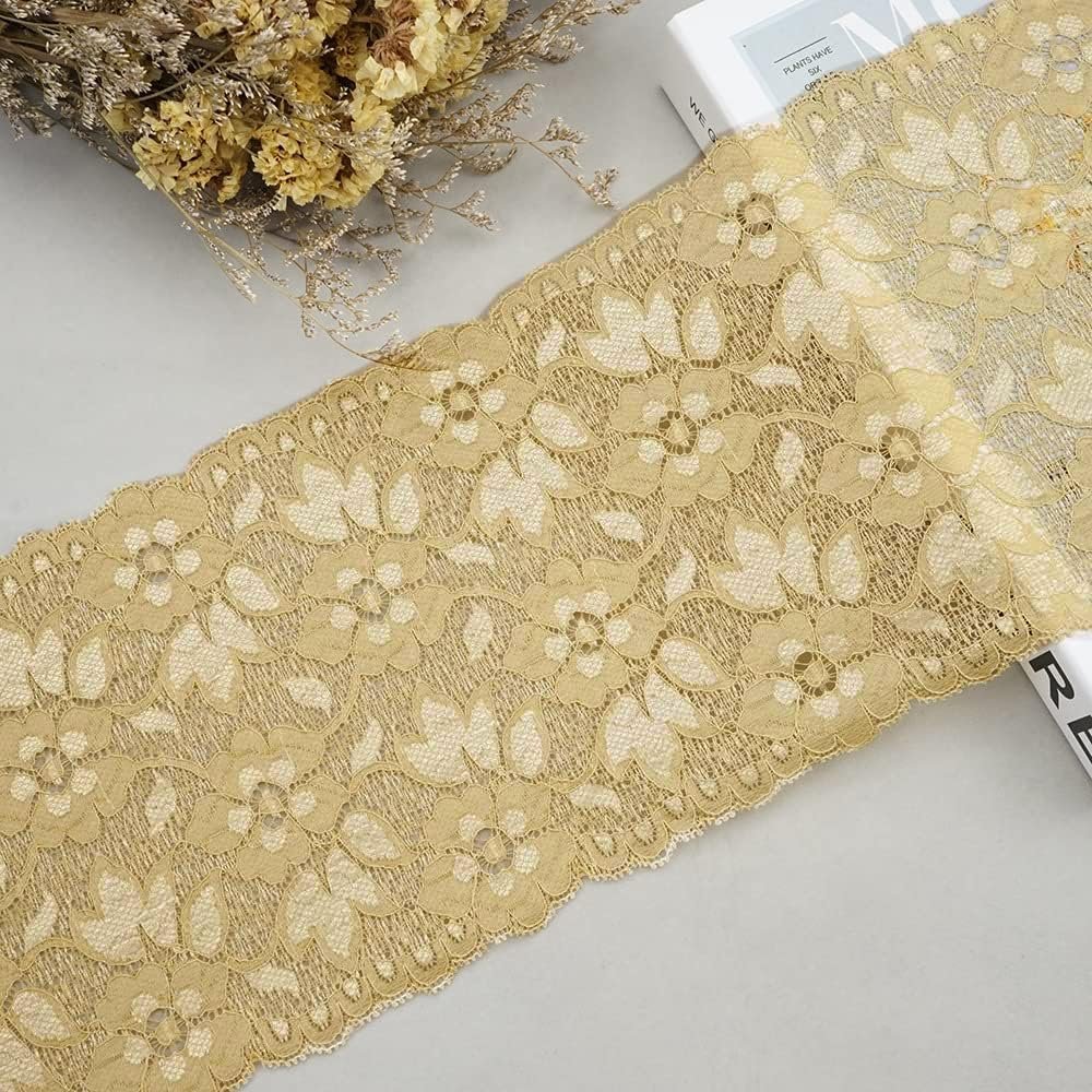 Duories 1-Yard Elastic Lace Trim, 16 cm, Floral Decorative Lace, Beige