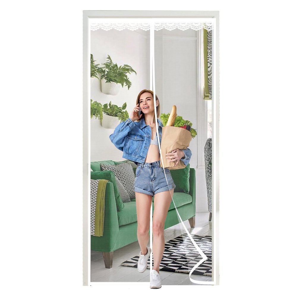 Magnetic Fly Screen Door Curtain, 240 x 215 cm, White, No-Drill Adhesive Mounting