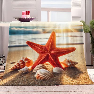 Flannel Fleece Throw Blanket, Starfish at Sunset, 180 x 220 cm