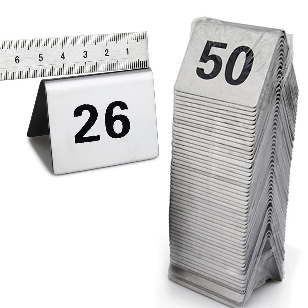 Stainless Steel Table Number Signs for Restaurants, Tent-Style, Stackable, Silver