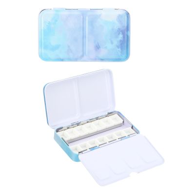 PATIKIL Empty Metal Watercolor Palette Box with Lid, 14 Half Pans, Blue