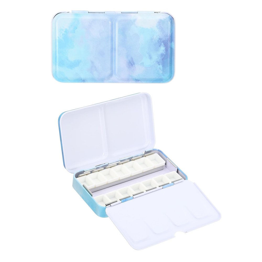 PATIKIL Empty Metal Watercolor Palette Box with Lid, 14 Half Pans, Blue