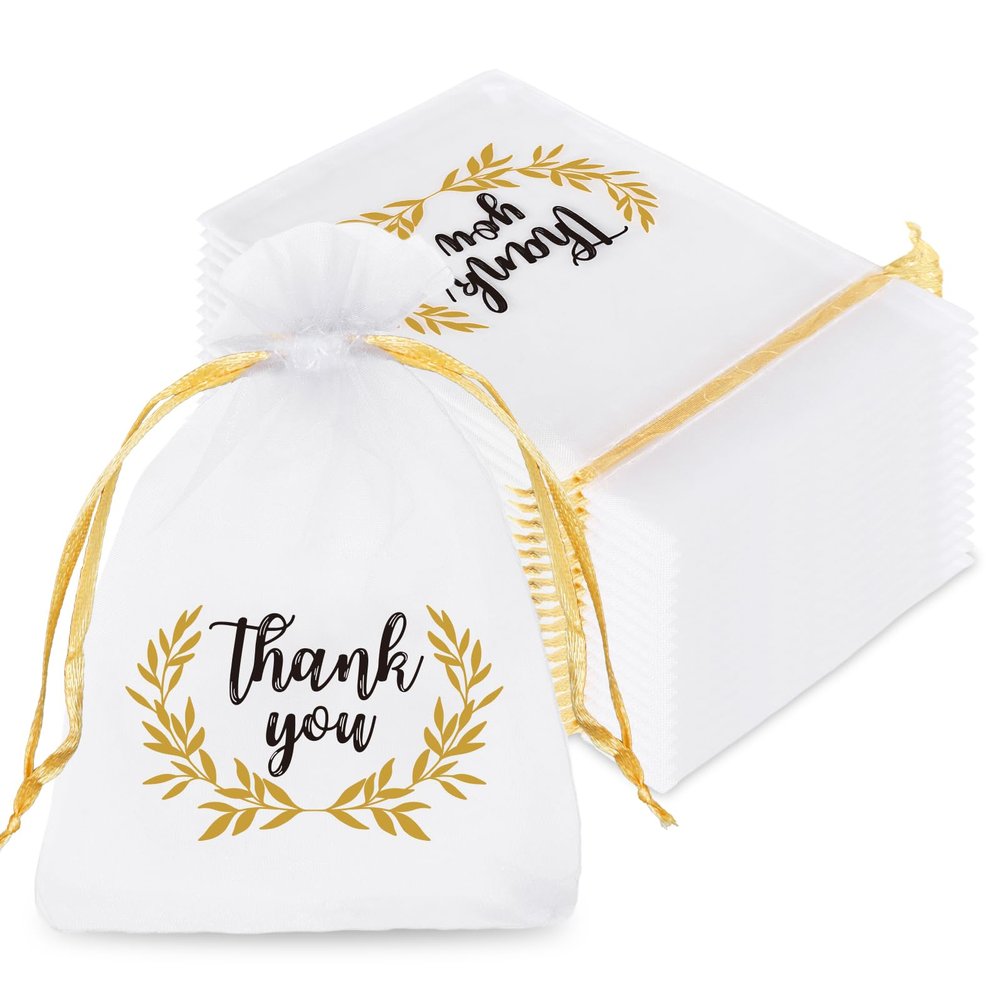 JarThenaAMCS Organza Drawstring Gift Bags with Gold Leaves, 100 Pack