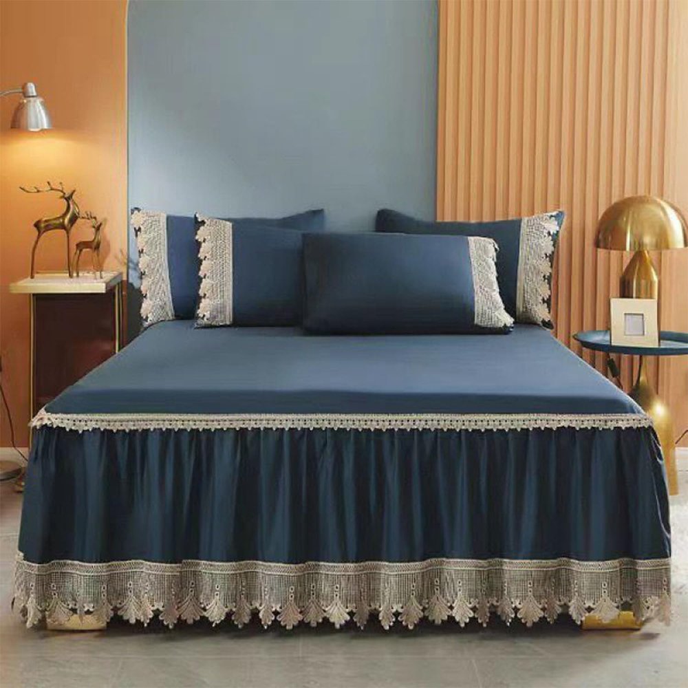 XCLOOZGL Cotton Bed Skirt Set with Ruffles, Blue, 180 x 200 cm