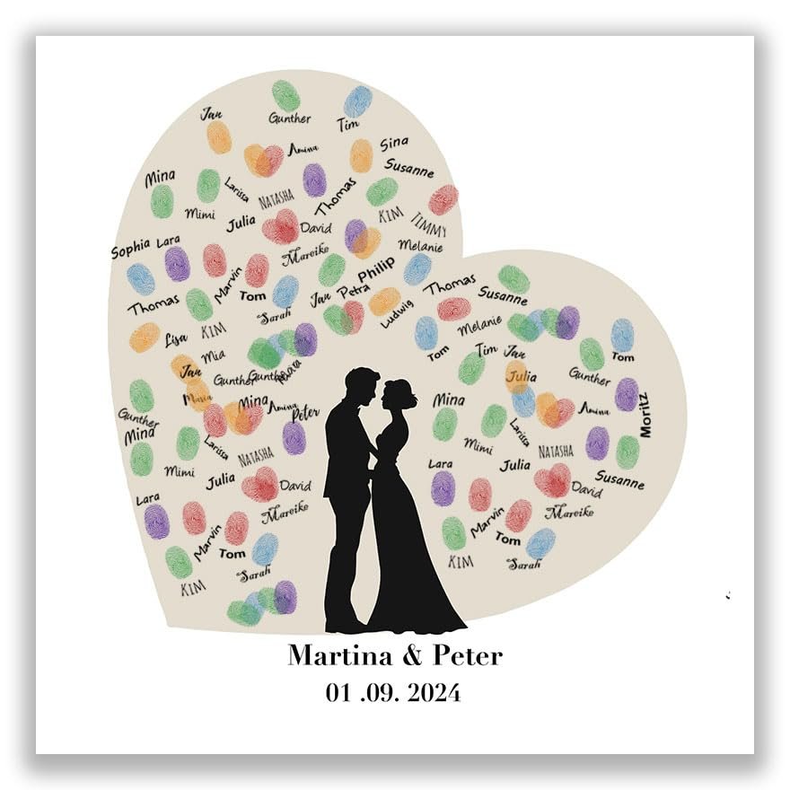 galleryy.net Personalized Fingerprint Tree Wedding Silhouette Poster, 50 x 50 cm, Custom Names & Date, Includes Accessory Set with Ink Pads and Pen
