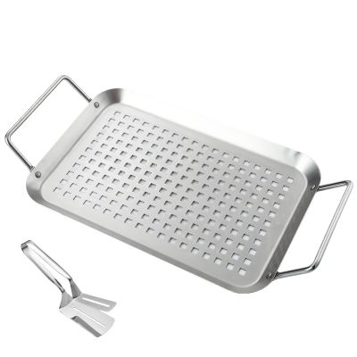 Herfair Plancha Grill Plate, 27.7 x 18.7 cm, Stainless Steel BBQ Grill Mat with Grill Clip, Teppanyaki Plate for Charcoal and Gas Grills