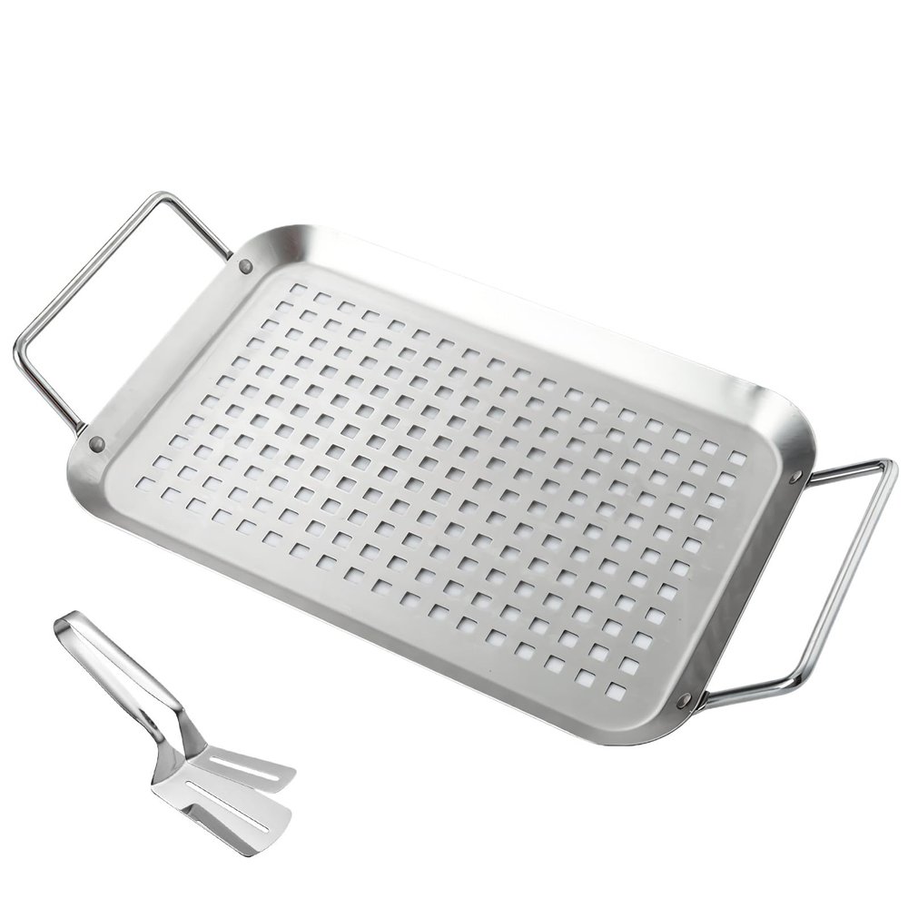 Herfair Plancha Grill Plate, 27.7 x 18.7 cm, Stainless Steel BBQ Grill Mat with Grill Clip, Teppanyaki Plate for Charcoal and Gas Grills