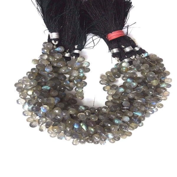 RhineCart Basics Genuine Labradorite Gemstone Beads, Faceted Teardrop, 4 x 6–5 x 7 mm, Gray