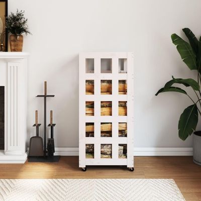 Log Holder with Wheels, White, 40 x 49 x 110 cm, Solid Pine Wood