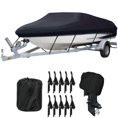 Boat Cover with Outboard Motor Cover, 600D Oxford Fabric, Waterproof Dust Protection, Black, for Yachts, Speedboats, Fishing Boats, V-Hulls, 17–19 ft