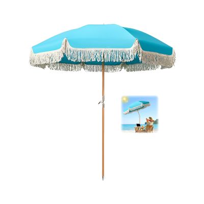 Blue Fringed Beach Umbrella for Sand, 6 ft, UV 50+, Tilt, Carry Bag