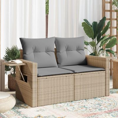 BaraSh 2-Seater Outdoor Sofa with Cushions, Beige Poly Rattan