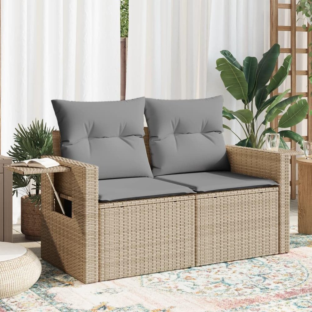 BaraSh 2-Seater Outdoor Sofa with Cushions, Beige Poly Rattan
