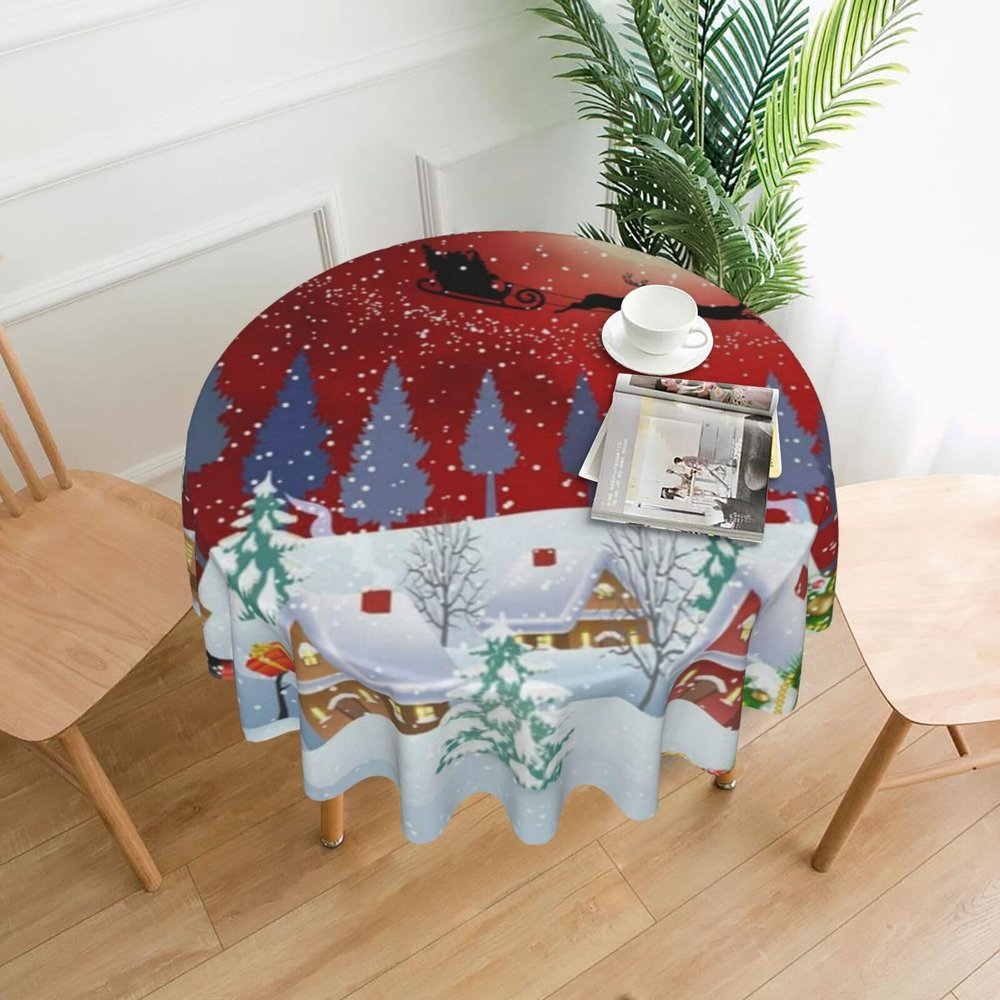 MKNAZ Red Sky Snowflake Printed Round Tablecloth, 152.4 cm