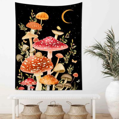 LB Aesthetic Mushroom Tapestry with Butterfly and Moon, Black-and-White Night Sky, 150 x 200 cm