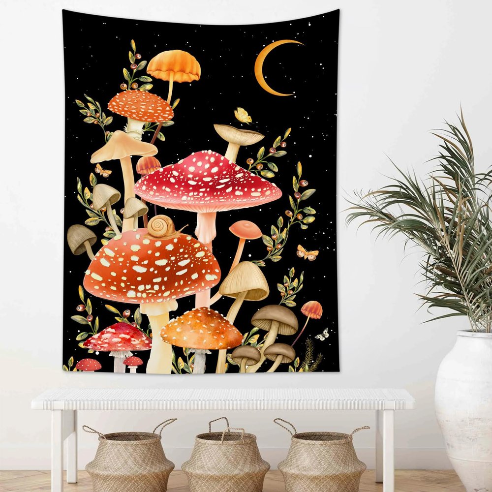 LB Aesthetic Mushroom Tapestry with Butterfly and Moon, Black-and-White Night Sky, 150 x 200 cm