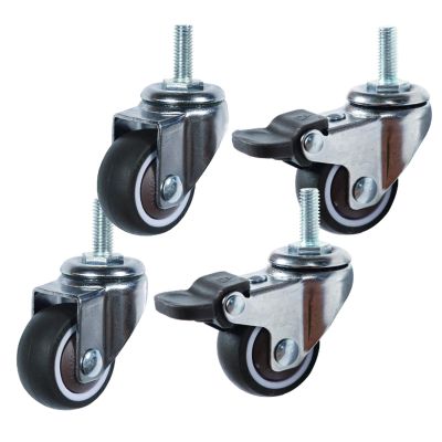 4-Pack Soft Rubber Swivel Casters, M6 x 15 mm Threaded Stem, 2 Braked + 2 Universal, 1.25 in
