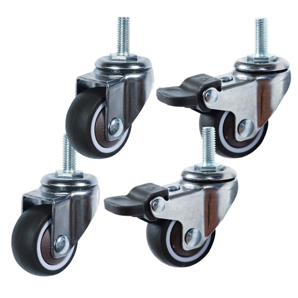 4-Pack Soft Rubber Swivel Casters, M6 x 15 mm Threaded Stem, 2 Braked + 2 Universal, 1.25 in