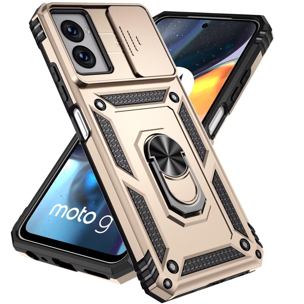 Beajew Case for Motorola Moto G Power (2021), 2 Tempered Glass Screen Protectors, Rugged Case with Camera Cover and Ring Stand, Gold