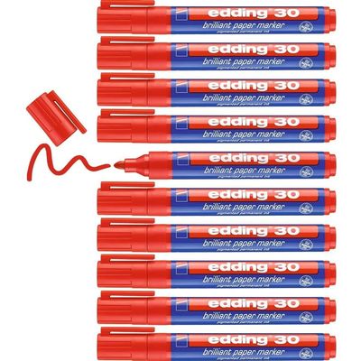 edding Set of 10 Paper Markers, Glossy Ink, Red, 30, Round Tip 1.5–3 mm