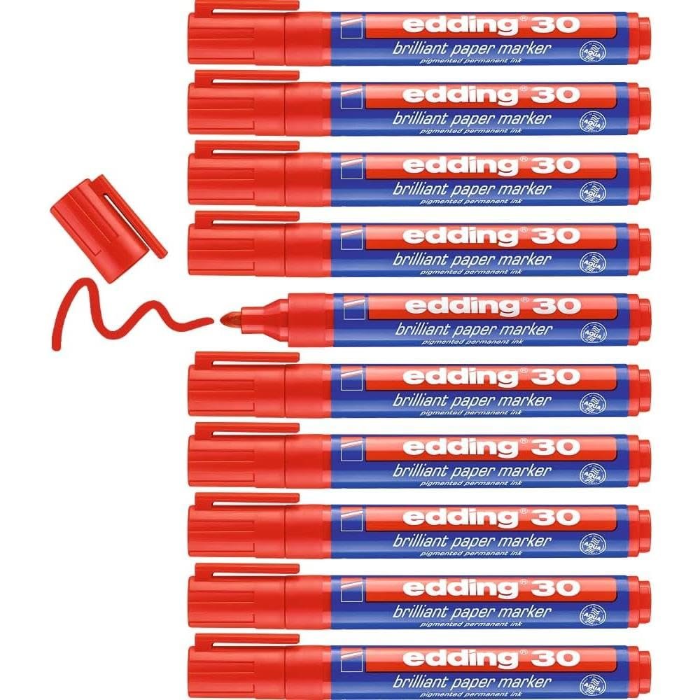 edding Set of 10 Paper Markers, Glossy Ink, Red, 30, Round Tip 1.5–3 mm