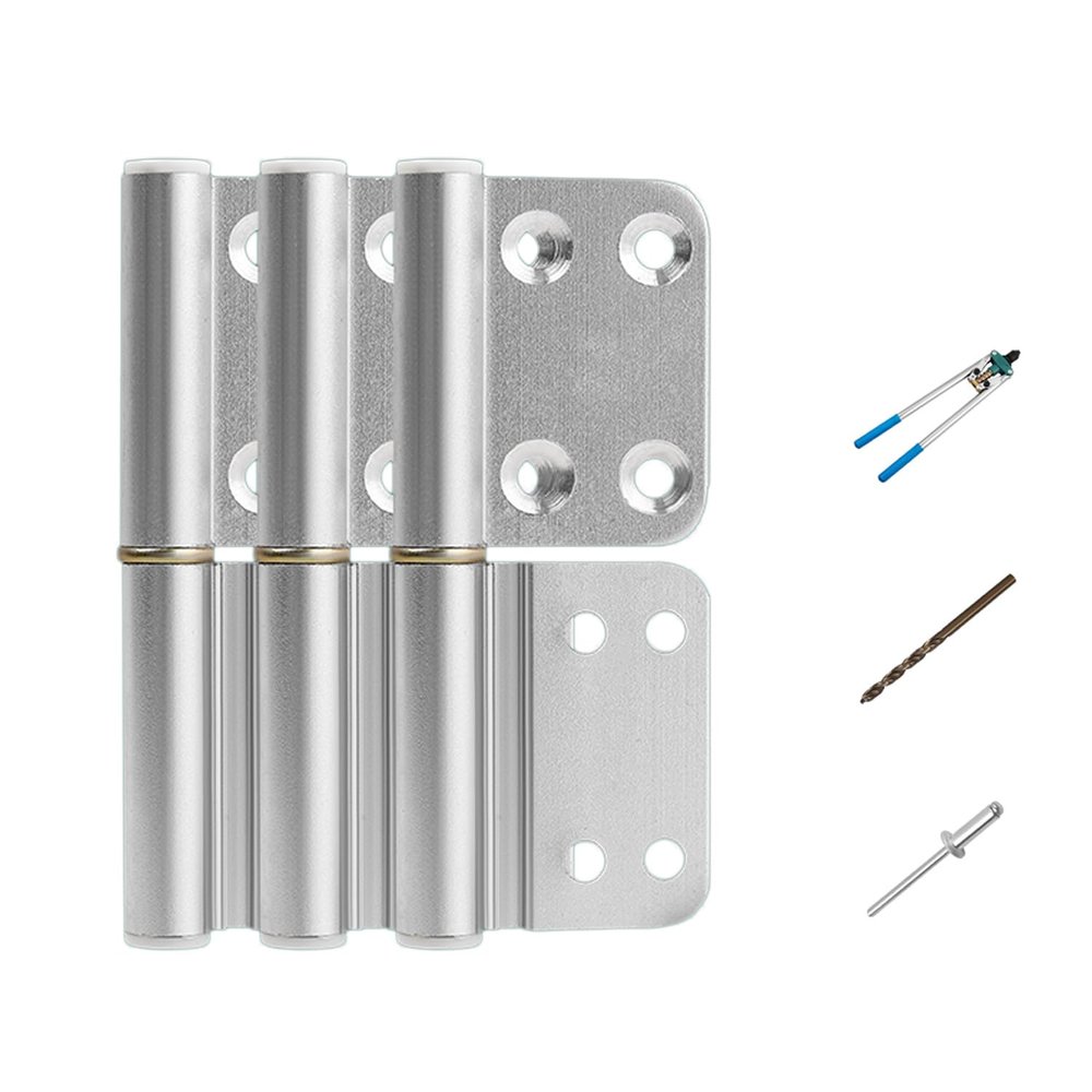 3-Piece Alloy Door Hinge Kit, Black/Silver, with 30 Rivets, 4 mm Drill Bit and Double Rivet Tool