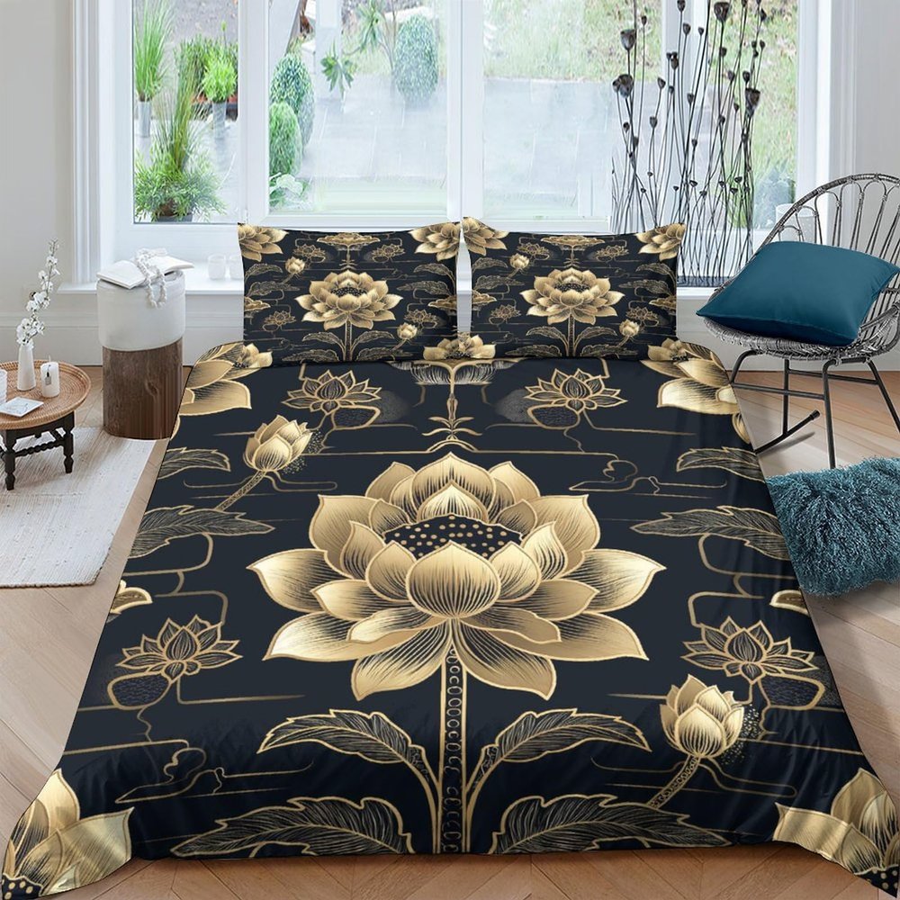 BLISSCOZY Luxury Golden Flower 3D-Printed 3-Piece Microfiber Bedding Set, King 220 x 240 cm
