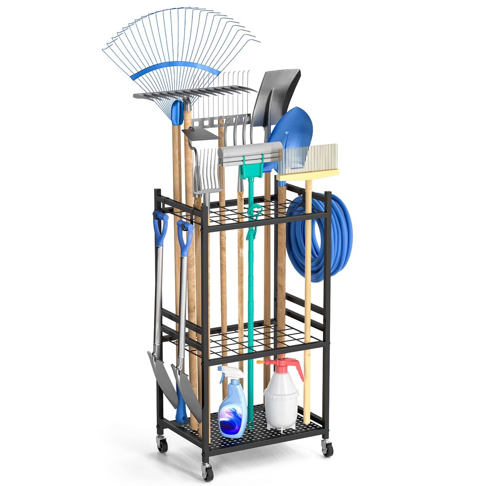 DAOUTIME Garden Tool Organizer with Wheels, Black
