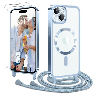 Ethanger iPhone 15 Case with Strap + 2 Screen Protectors, Blue