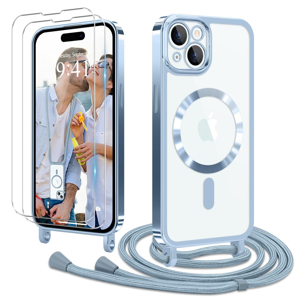 Ethanger iPhone 15 Case with Strap + 2 Screen Protectors, Blue