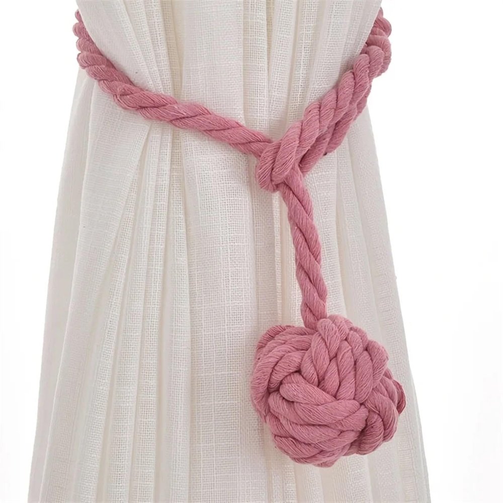 AOEGBY 1PC Handwoven Cotton Linen Curtain Tieback Rope with Ball Buckle, Pink