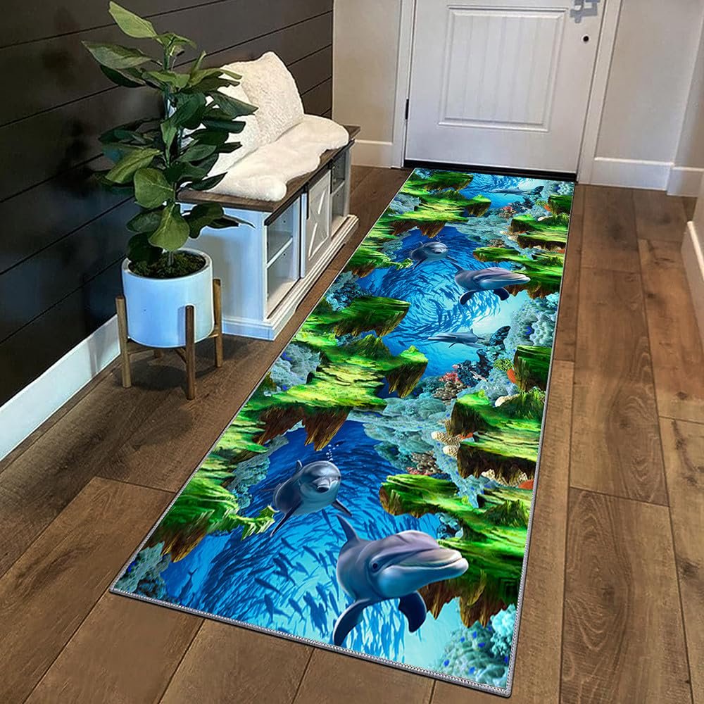 Siunwdiy Washable Non-Slip Runner Rug, 3D Pattern, 50 x 160 cm, Green and Blue