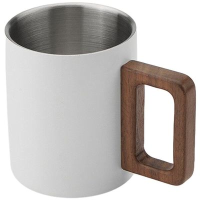 Double-Wall Stainless Steel Coffee Mug with Wooden Handle