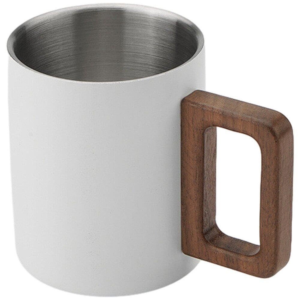 Double-Wall Stainless Steel Coffee Mug with Wooden Handle